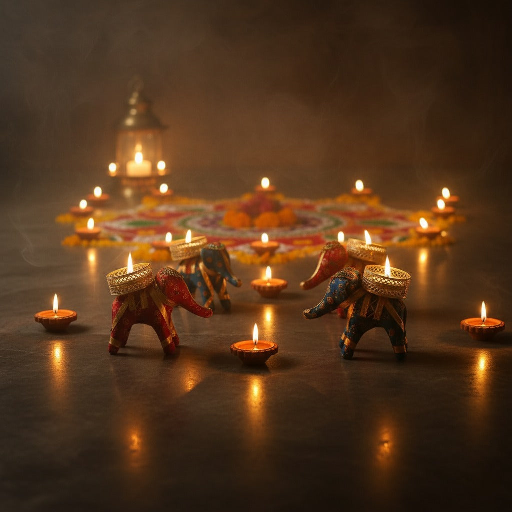 Rajasthani Elephant Tea Light Candle Holder (Pack of 4)